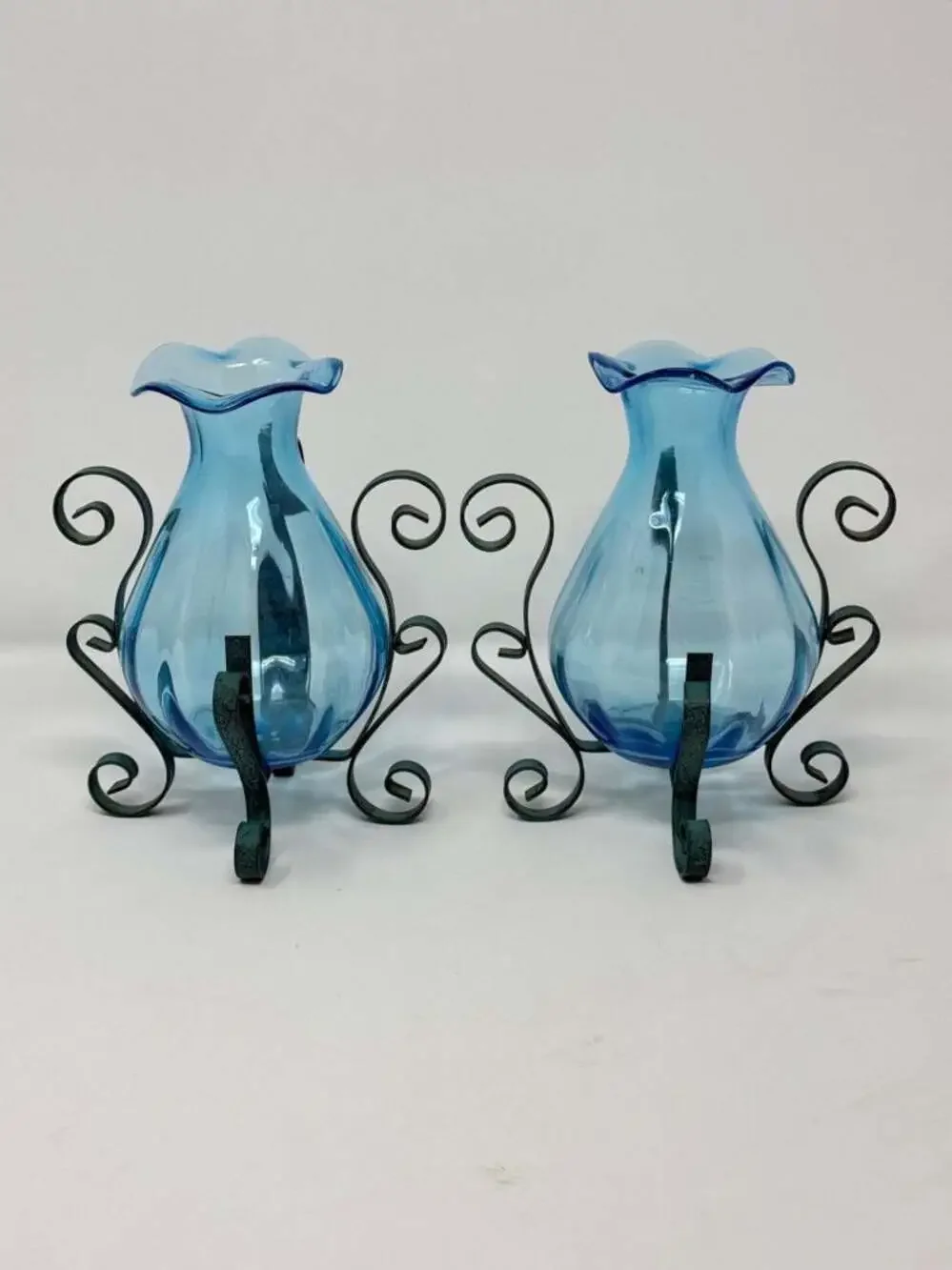 Set of 2 Vintage Blue Blown Glass Vases with Wrought Iron Scroll Stands